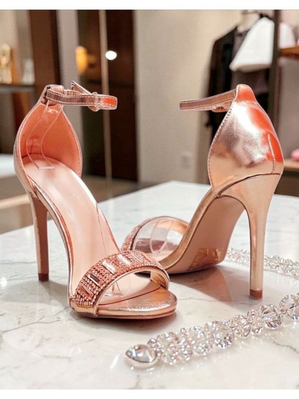 Rose Gold Ankle Strap Stiletto Heels With Rhinestone Embellished Open Toe Design
